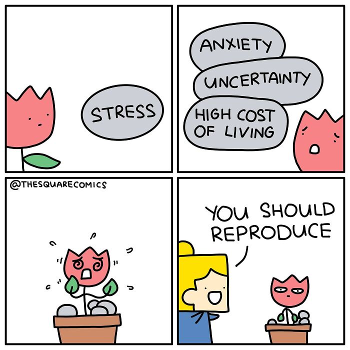 Comic strip showing a stressed flower facing anxiety, uncertainty, and high living costs, capturing adult struggles darkly and humorously.
