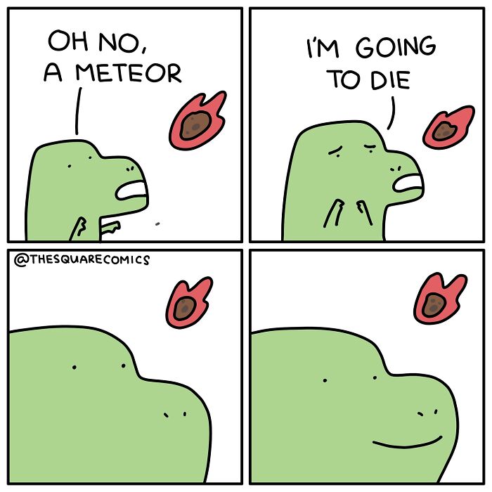 Green dinosaur character reacts to a meteor with anxiety and acceptance in a darkly funny comic about adulthood struggles.