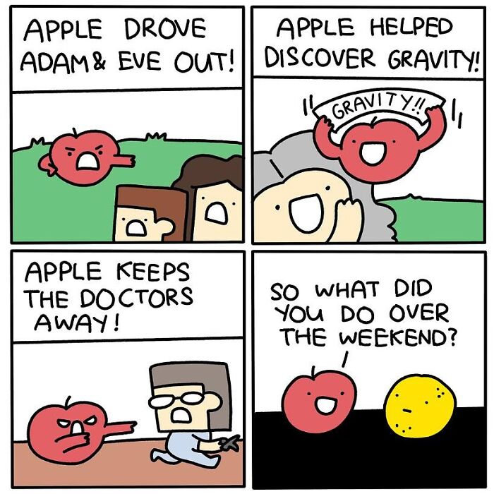 Darkly funny comic panels featuring a talking apple capturing the struggle of adulthood with humor and wit.