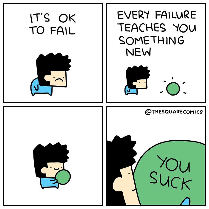 Darkly funny comic showing a character learning from failure with humor, capturing the struggle of adulthood in four panels.
