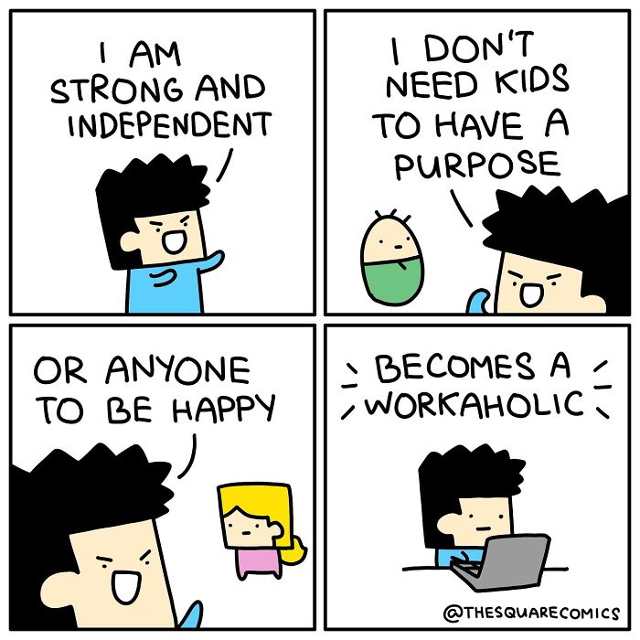 Darkly funny comic illustrating the struggle of adulthood with independence, purpose, and workaholic themes.