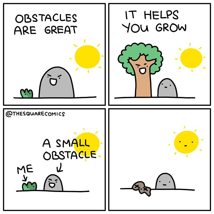 Comic panels showing a small plant and rock discussing obstacles, illustrating darkly funny comics about the struggles of adulthood.