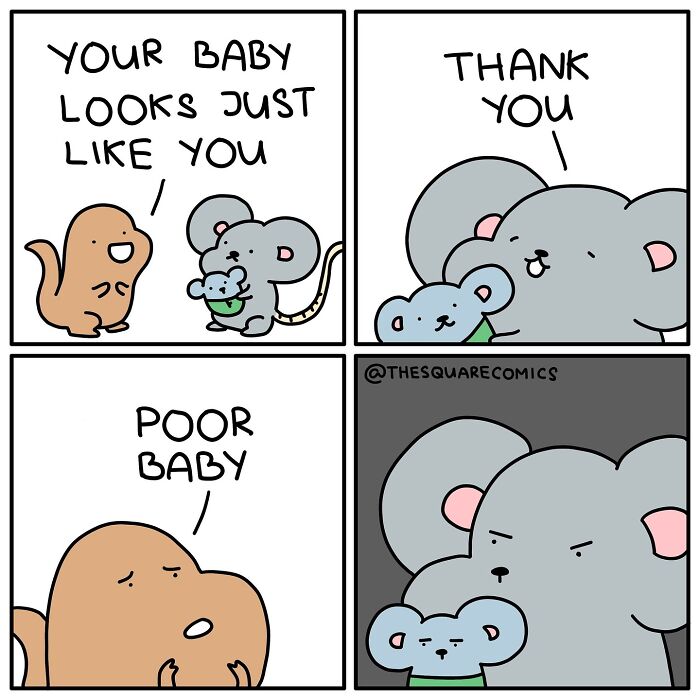 Comic strip showing darkly funny moment about parent and baby mouse with expressions capturing the struggle of adulthood.