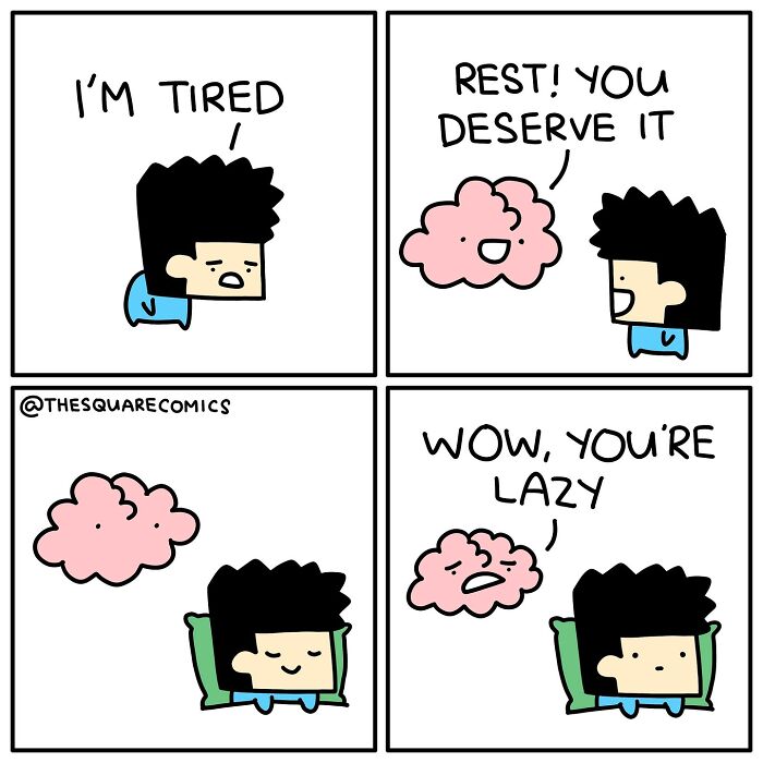 Comic strip showing a character battling tiredness and a brain that mocks the struggle with adulthood and laziness.
