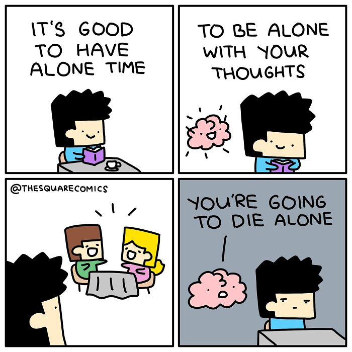 Darkly funny comic shows the struggle of adulthood with alone time, thoughts, and unsettling reality.