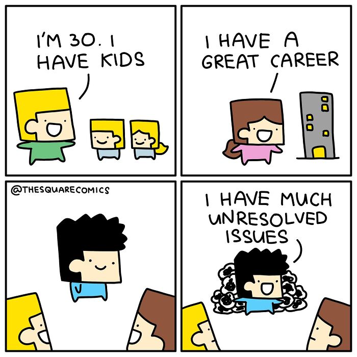 Darkly funny comic showing three adults sharing their life struggles, highlighting the humor and challenges of adulthood.