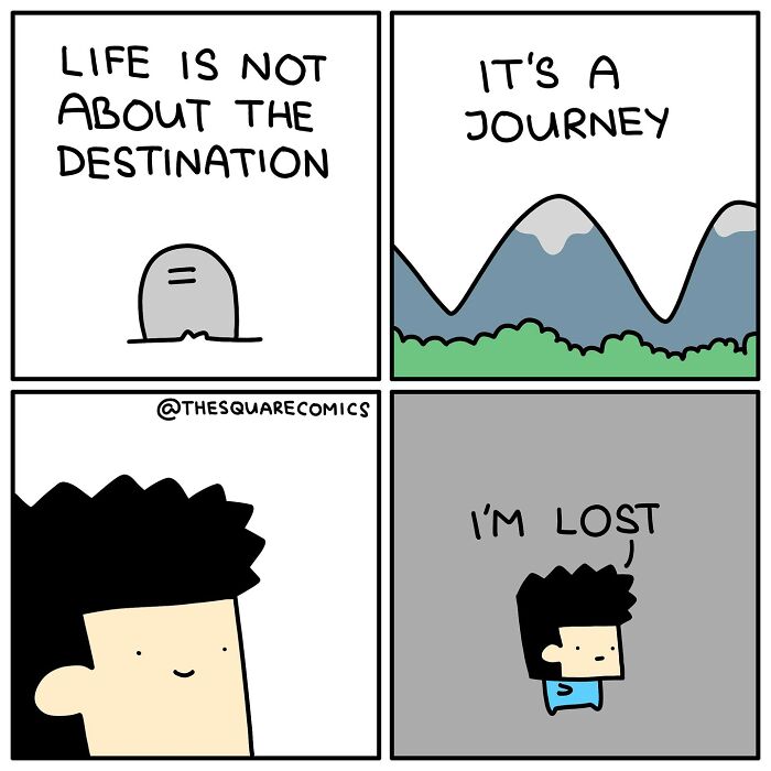 Darkly funny comic illustrating the struggle of adulthood with a character lost in the journey of life, featuring simple cartoon panels.