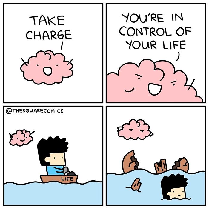 Darkly funny comic showing a brain telling a character to take charge while life boat sinks in water.
