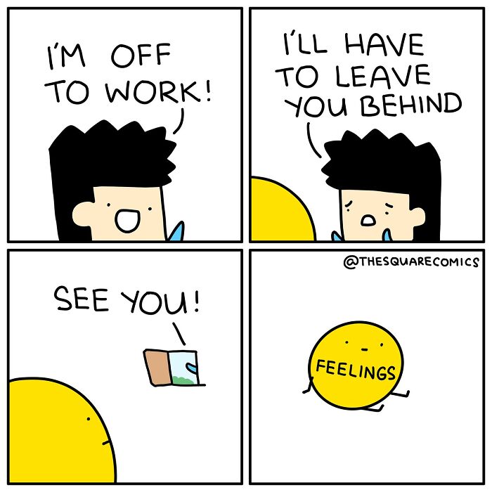 Comic panels showing a character leaving for work and leaving their feelings behind, darkly funny comics on adulthood struggles.