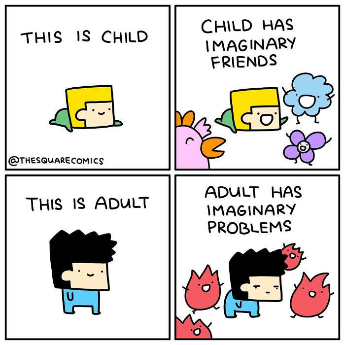 Comic panels showing a child with imaginary friends and an adult facing imaginary problems, depicting the struggle of adulthood.