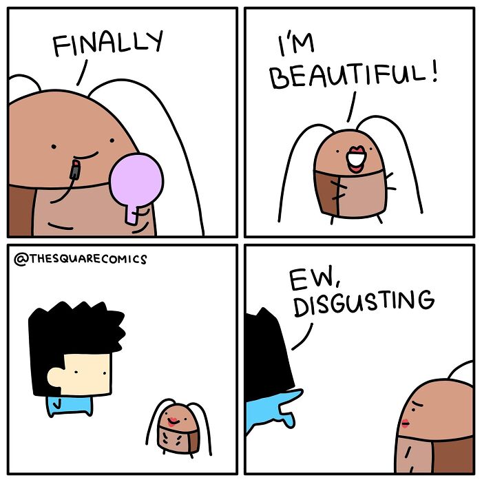 Darkly funny comic showing a character’s struggle with self-image and adulthood’s harsh judgments.