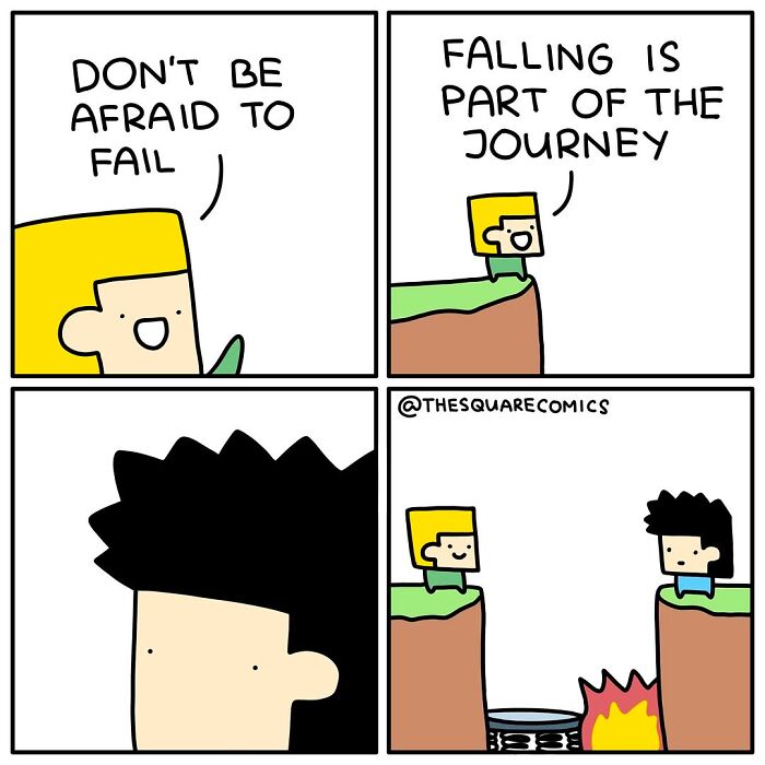 Darkly funny comic shows characters discussing failure and falling, highlighting the struggle of adulthood with humor.