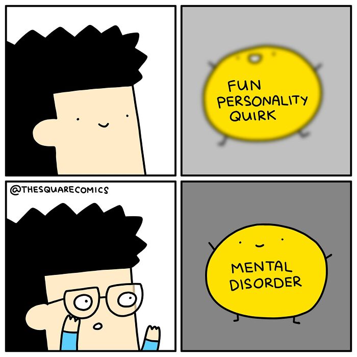 Cartoon style comic illustrating the struggle of adulthood with darkly funny mental health and personality quirks.