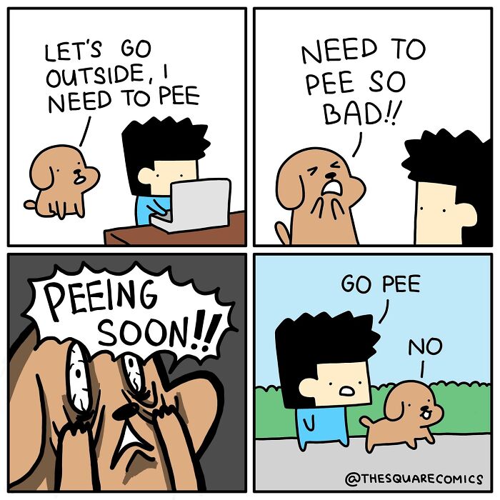 Darkly funny comic strip showing the struggle of a dog needing to pee and a person refusing to let it outside.