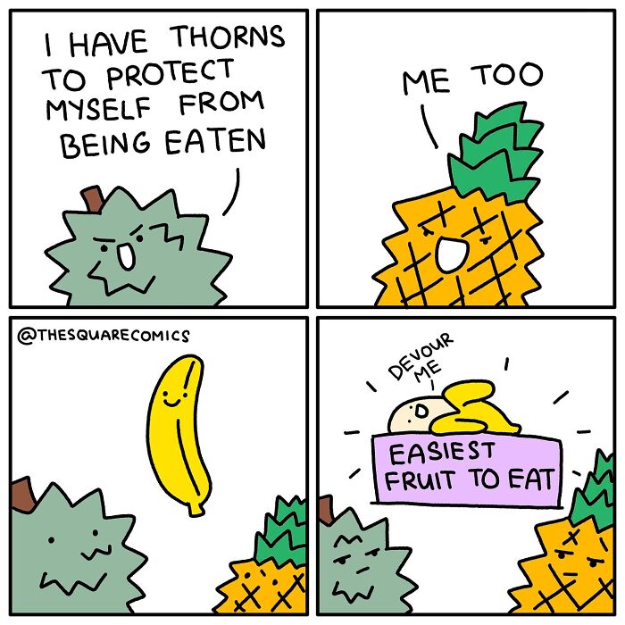 Cartoon comic showing a durian, pineapple, and banana illustrating darkly funny struggles with protection and vulnerability.