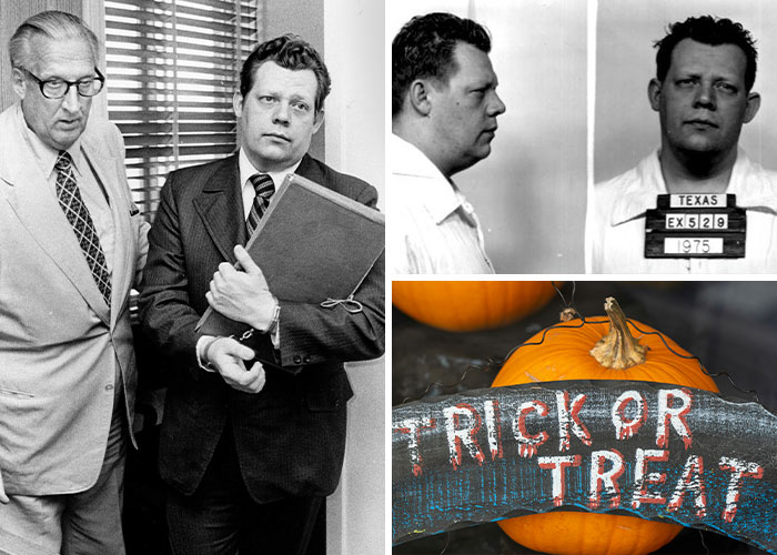Black and white mugshots and legal photo of a man linked to Halloween tragedies with a pumpkin and Trick or Treat sign.