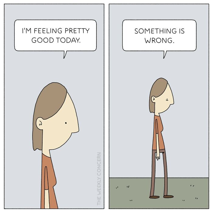 Comic panels showing a character expressing conflicting feelings, illustrating relatable anxiety in everyday life from The Weekly Concern.