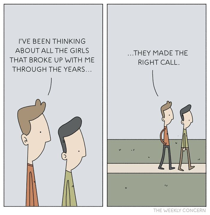 Two men in a comic strip discussing past breakups, capturing relatable everyday anxiety from The Weekly Concern.