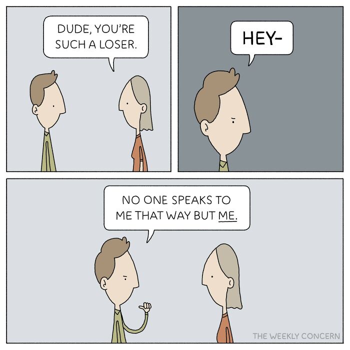 Comic from The Weekly Concern showing a character humorously addressing everyday anxiety with self-critical dialogue.