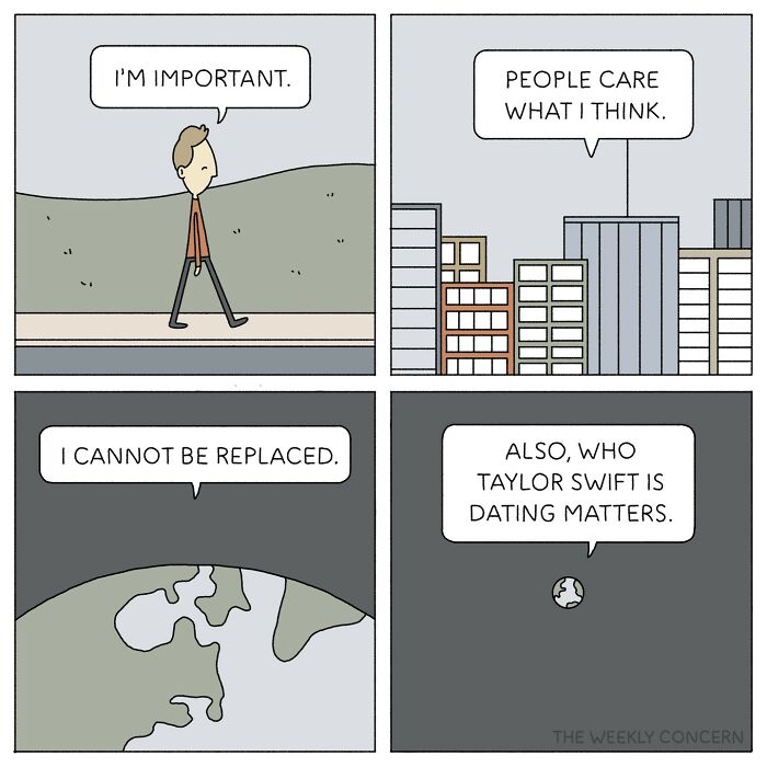 Comic panels from The Weekly Concern illustrating everyday anxiety with a character expressing importance and social concern.