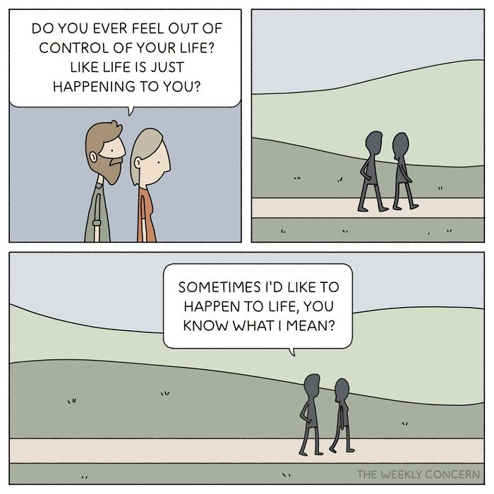 Two characters discuss feeling out of control, illustrating everyday anxiety in a relatable comic from The Weekly Concern.