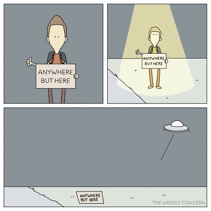 Relatable comics from The Weekly Concern showing a character holding a sign about everyday anxiety.