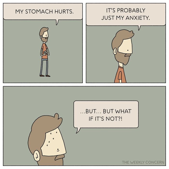 Comic strip showing a man with stomach pain worrying about his anxiety in relatable everyday anxiety comics.
