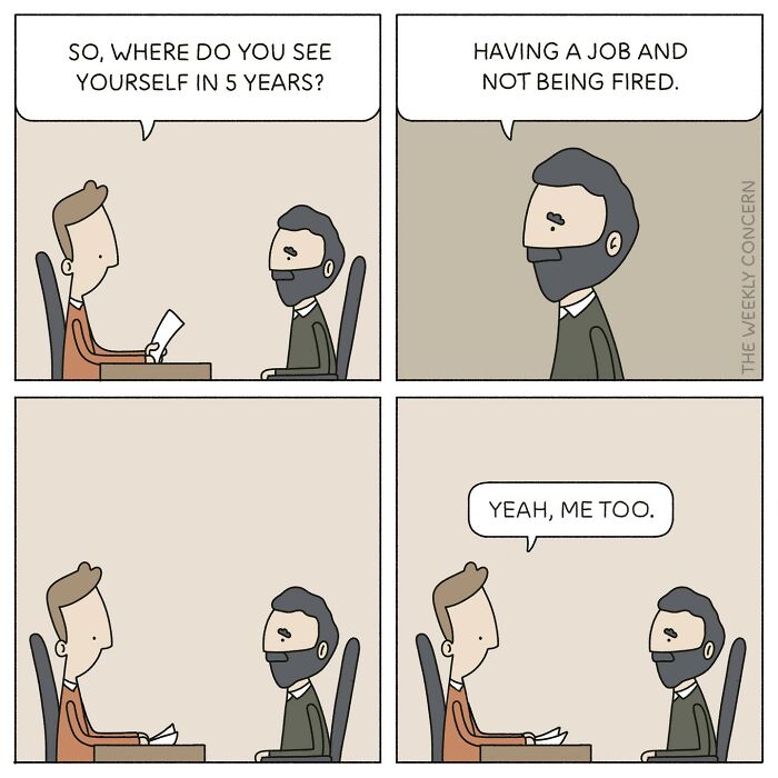 Comic from The Weekly Concern showing a job interview highlighting everyday anxiety about job security and the future.