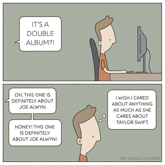 Comic from The Weekly Concern showing a man at a computer reflecting on everyday anxiety and celebrity obsession.