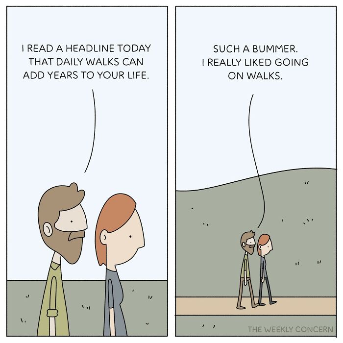Two characters in a comic from The Weekly Concern discussing daily walks and relatable everyday anxiety.