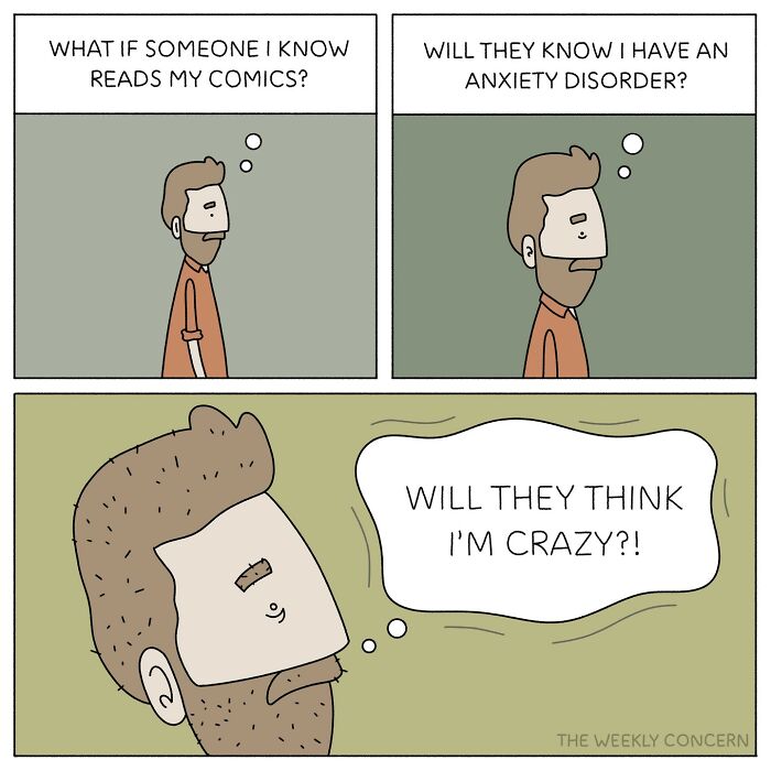 Comic panels showing a man’s relatable anxiety thoughts about others reading his comics and judging his mental health.
