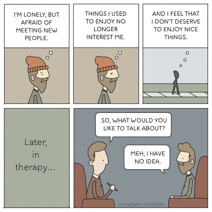 Comic panels from The Weekly Concern showing a man expressing everyday anxiety during a therapy session.