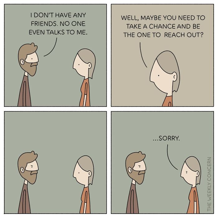 Two characters in a comic from The Weekly Concern discuss anxiety about making friends and reaching out socially.