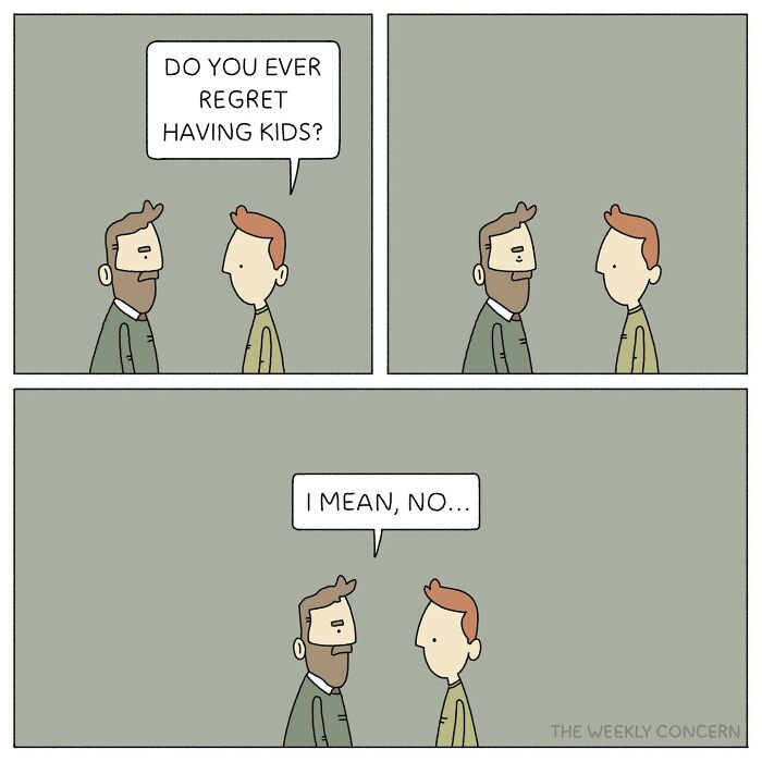 Comic from The Weekly Concern showing two men discussing regret about having kids, capturing everyday anxiety feelings.