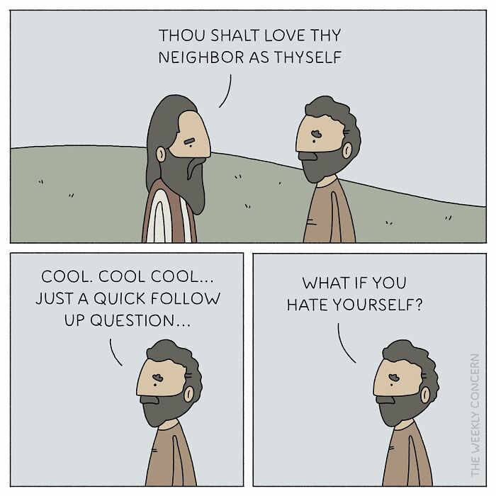 Comic panels from The Weekly Concern illustrating everyday anxiety with a character questioning self-love and neighborly kindness.