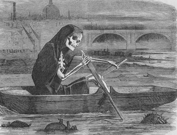 Grim reaper rowing a boat in a dark river scene, illustrating shocking historical stories including rabbits attacking Napoleon.