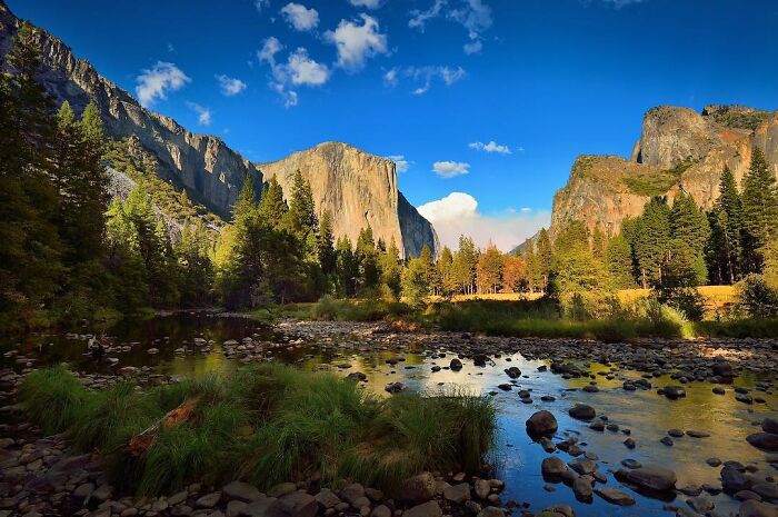 Scenic nature landscape captured through Harjanto Sumawan’s lens showcasing life’s beauty with trees, rocks, and a clear blue sky.