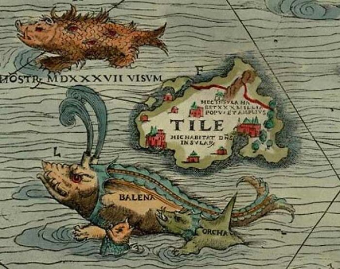 Illustration of mysterious sea creatures and the imaginary island of Thule on a vintage map of magical imaginary worlds.
