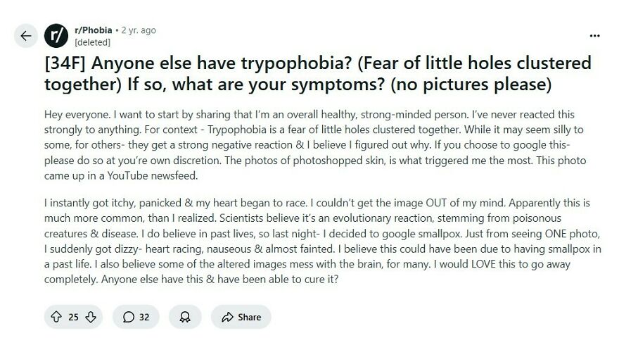 Reddit post discussing tryptophobia symptoms and brain reaction to clusters of tiny holes in user experiences.