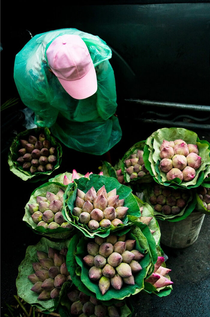 Street coincidences captured showing a vendor in a pink cap selling lotus buds wrapped in green leaves.