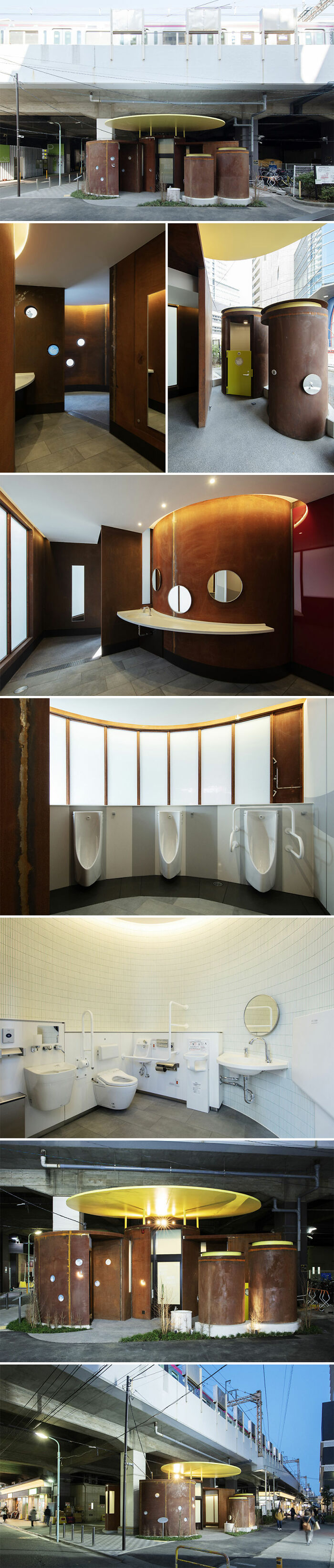 Modern public restrooms in Tokyo by world-famous architects featuring unique cylindrical designs and innovative spaces.