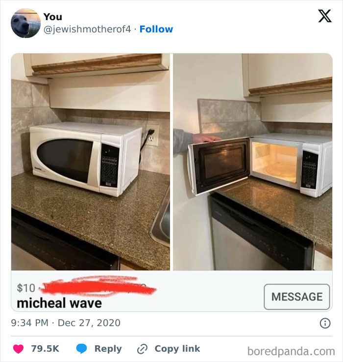 Used microwave sitting on a kitchen counter listed among unhinged things people thought they could sell online.