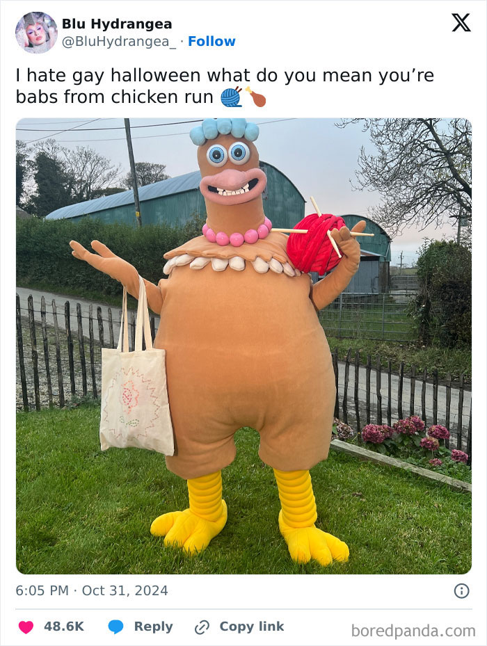 Person wearing a creative Halloween costume inspired by a cartoon character, holding knitting props outdoors.