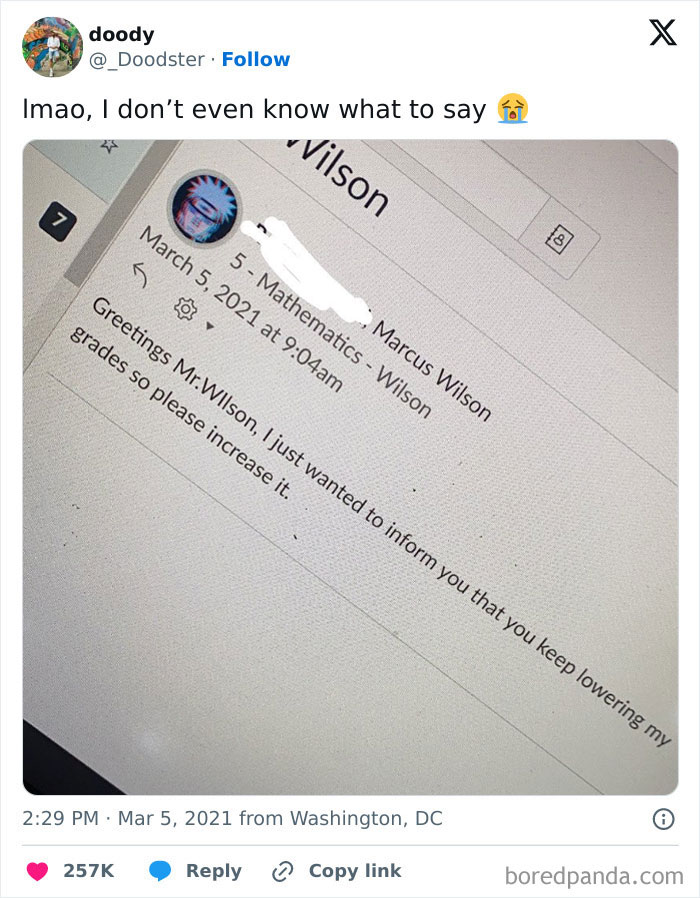 Tweet showing a humorous email asking a teacher to stop lowering grades, shared in hilarious tweets people couldn’t help but share.