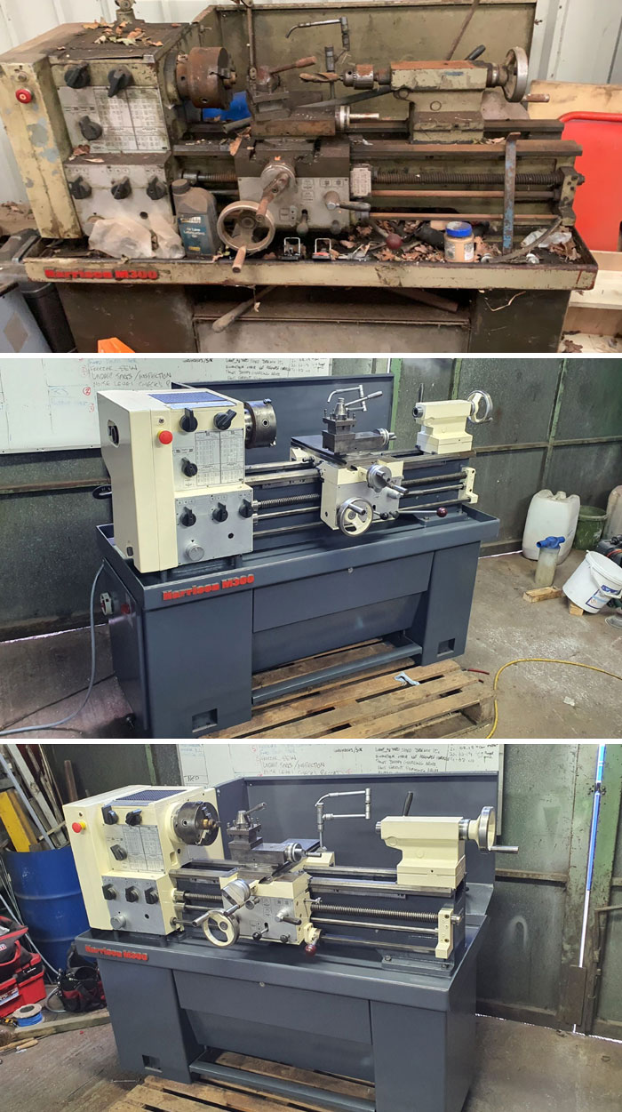 Restored lathe machine shown in before and after photos, highlighting landlord special restoration to original glory.