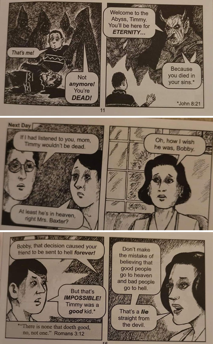 Black and white comic panels showing a Halloween fail with spooky characters and a boy sent to the abyss forever.