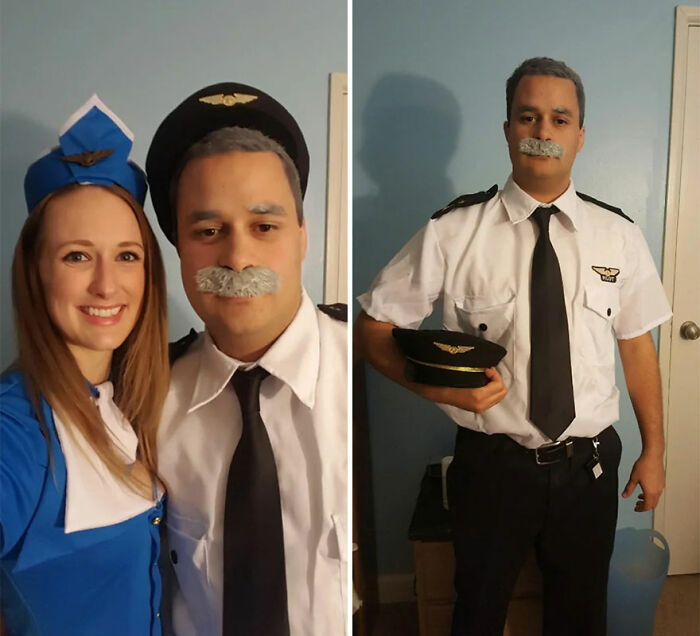 Man transforming into Tom Hanks with pilot costume and gray mustache, posing with a woman in retro flight attendant outfit.