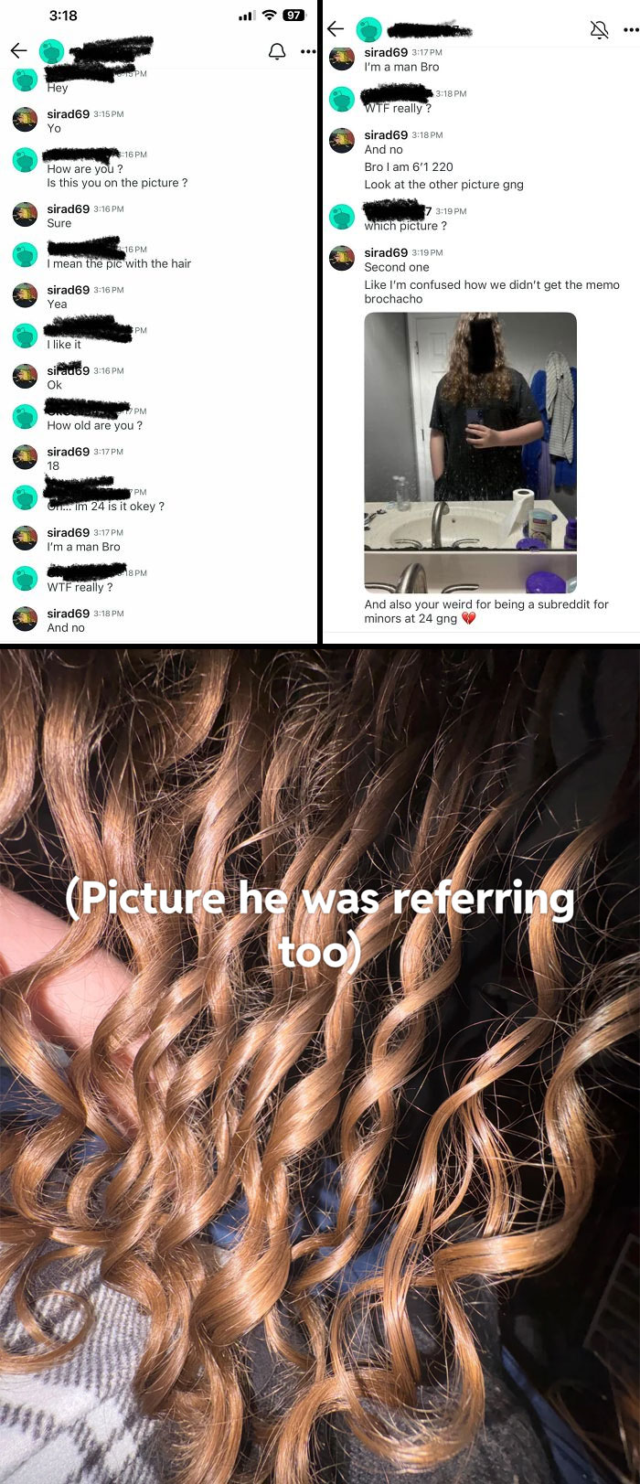 Chat messages showing women serving brutal comebacks to creepy men, with a photo of curly hair as evidence.