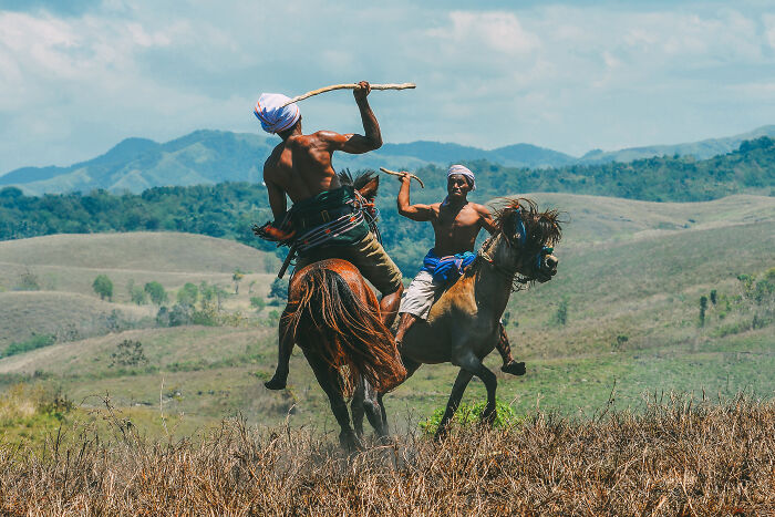 Two men engaged in a dangerous historical sport on horseback, wielding sticks in a rugged grassy landscape.