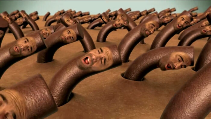 Surreal and creepy animated scene with multiple expressive faces on twisting brown figures in a disturbing commercial setting.
